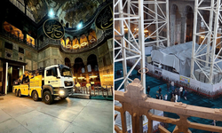 Ayasofya'da tepki çeken görüntüler! Caminin içine vinç sokuldu