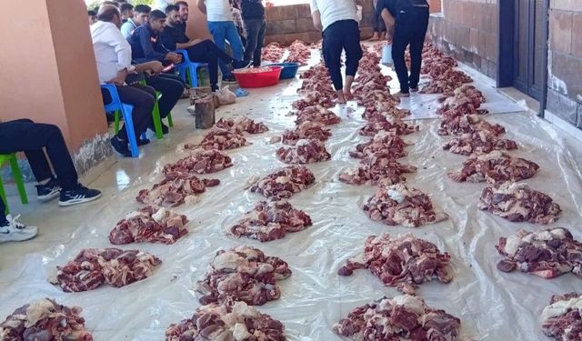 Mardin'de asırlık gelenek bozulmadı: İmece usulü kesilen 1 ton kurban eti 100 aileye eşit paylaştırıldı