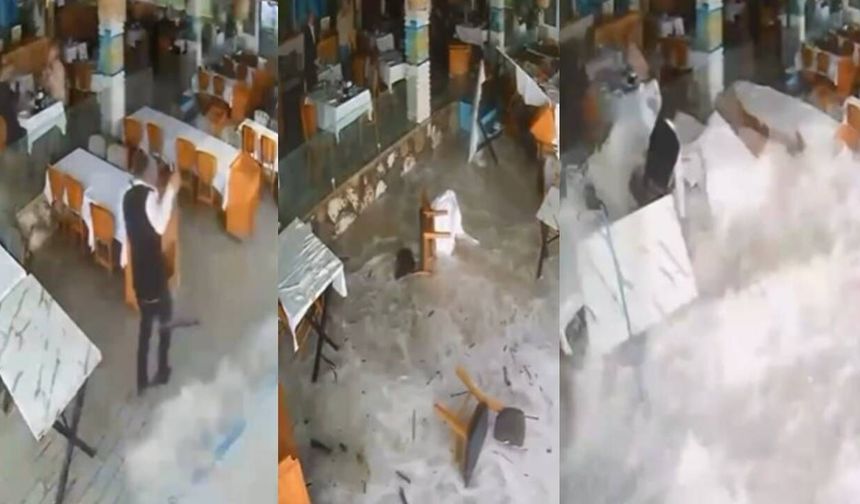 Antalya'da dalgalar balık lokantasını bastı! O anlar kamerada