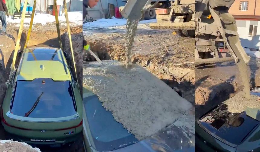 Rus iş insanı lüks BMW'sini gömüp üzerine beton döktü