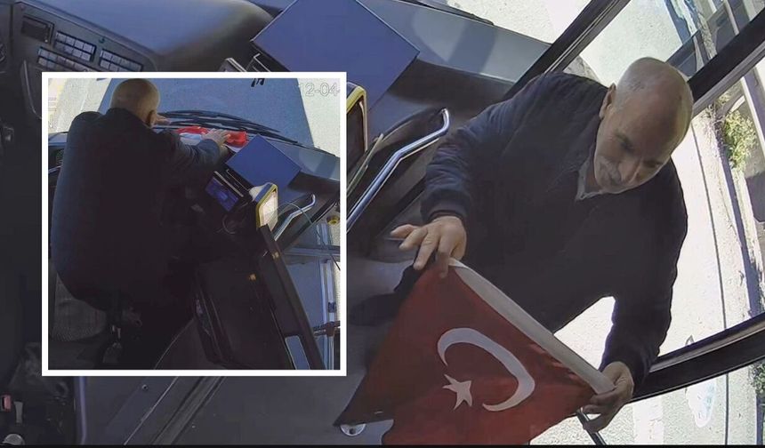 İETT şoföründen alkışlanacak hareket! Yerdeki Türk Bayrağı’nı araca astı