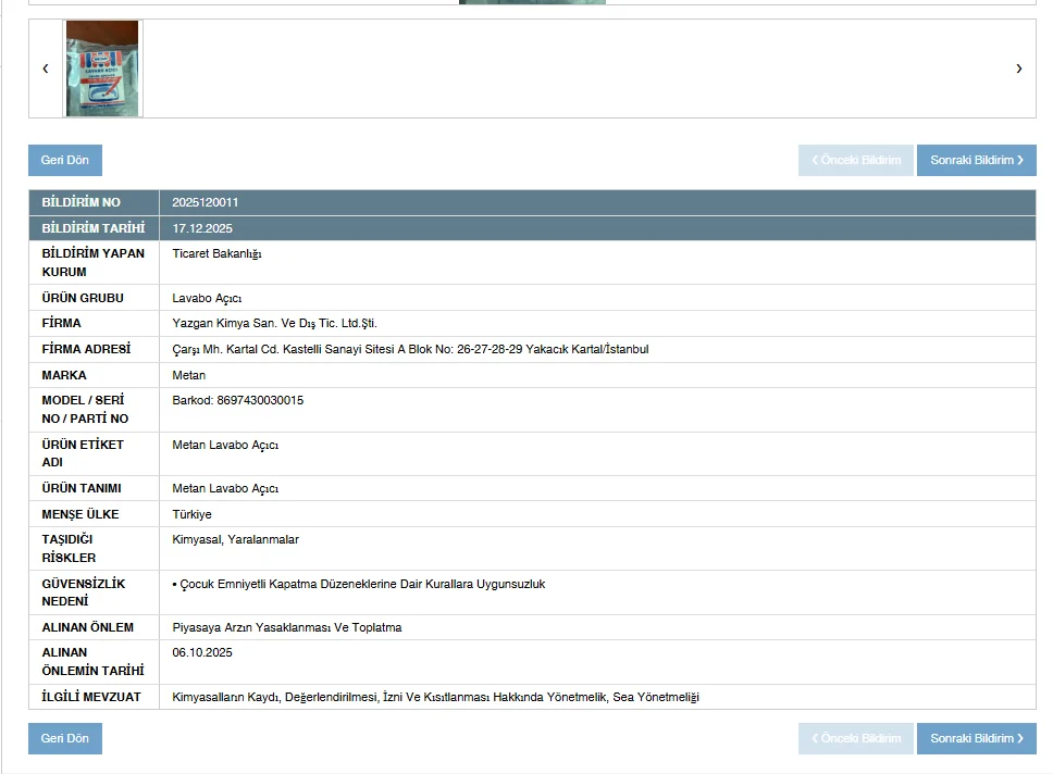 Yasaklanan Ürün Bilgisi