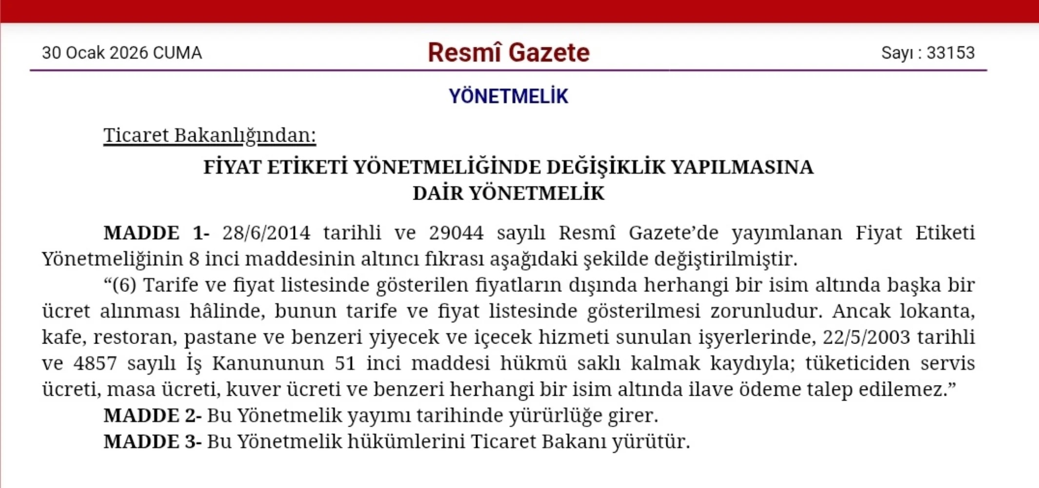 Resmi Gazete'de Yayımlandı Restoranlarda Servis Ücreti, Masa Ücreti Ve Kuver Yasağı