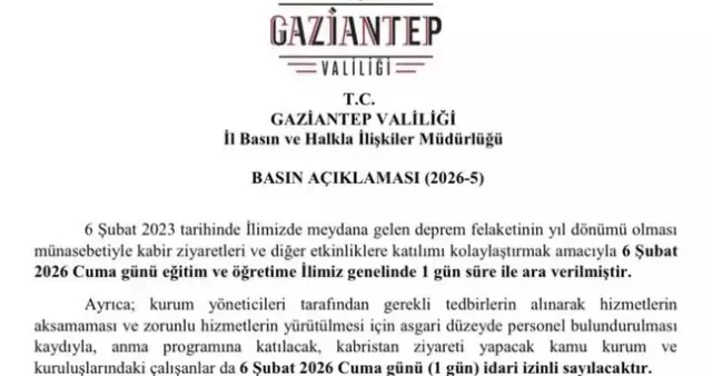 Gaziantep Tatil Duyurusu