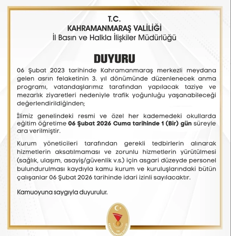 Kahramanmaraş Tatil Duyurusu