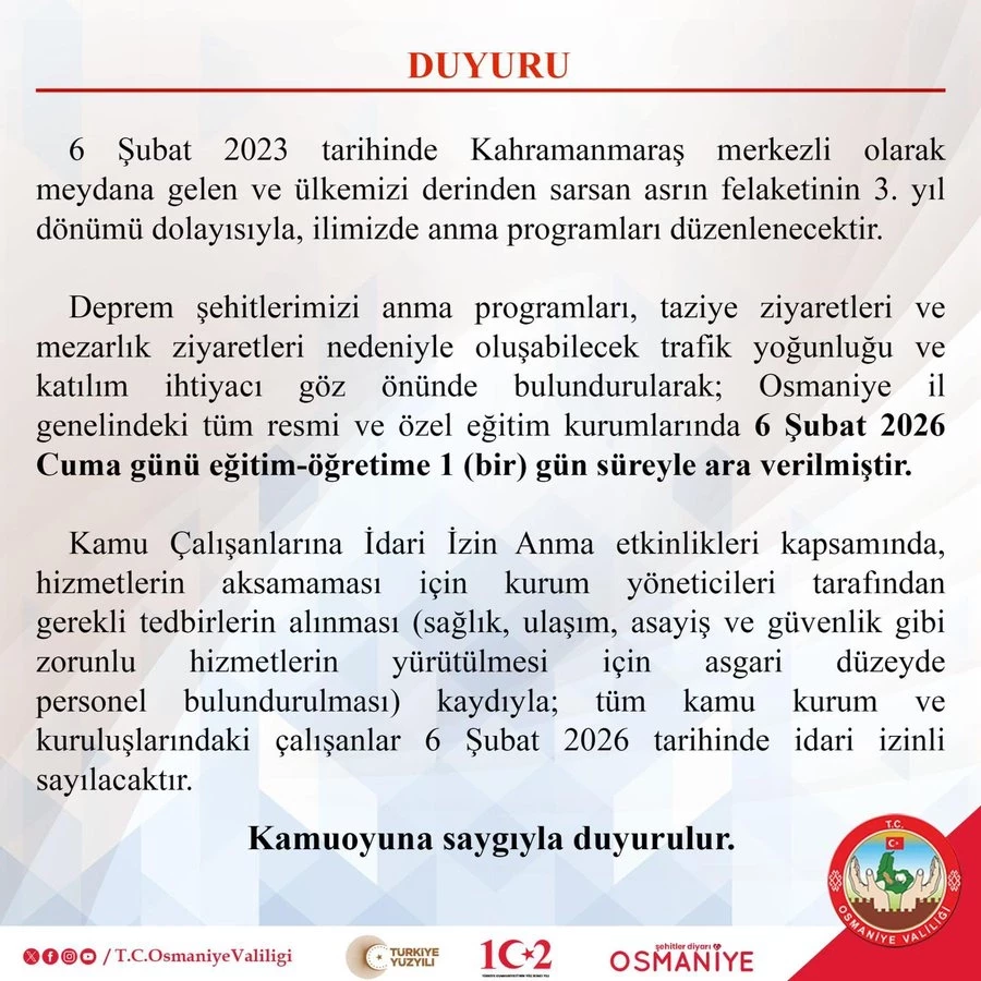 Osmaniye Tatil Duyurusu