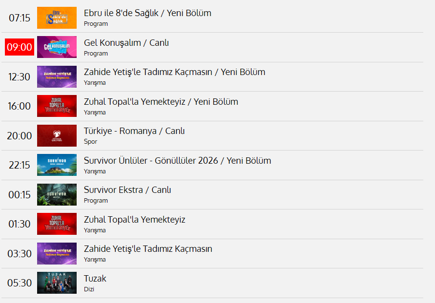 Tv8 26 Mart Yayın Akışı